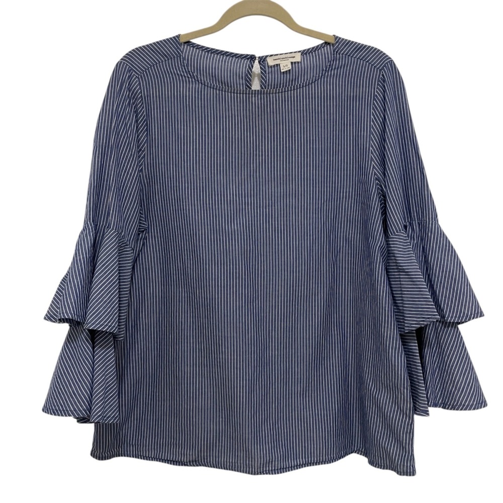 Beachlunchlounge Blouse Womens L Blue White Striped Ruffle Bell Sleeve Cotton
